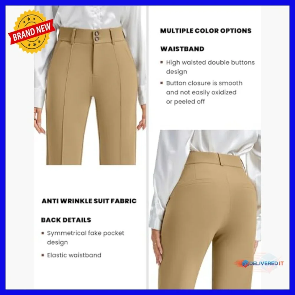 Stretchy Straight Leg Dress Pants High Waist Elastic Casual Slacks with Pockets
